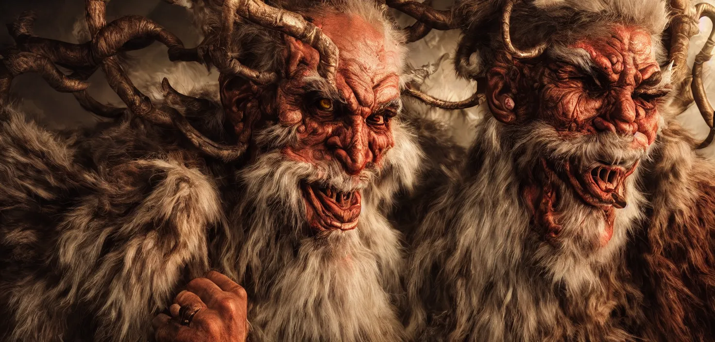 Image similar to hyperrealist highly detailed neo-baroque photography portrait of krampus standing in dolomites concept art pascal blanche dramatic studio lighting 8k wide angle shallow depth of field