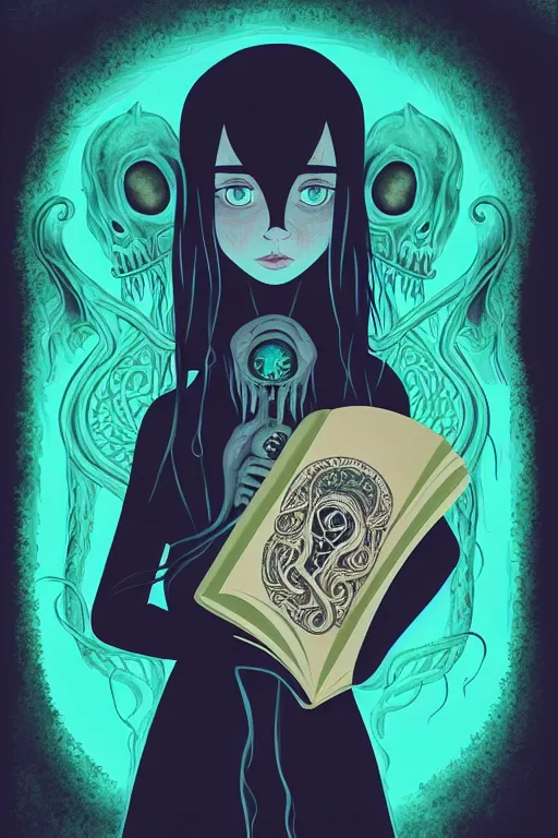 Image similar to ai illustration of romantic girl, her cat and her book of necronomicon, symmetrical, cinematic, sharp focus, 4 k, ultra hd, sense of awe, sinister demonic atmosphere, dreadful, forbidden knowledge, old gods, cthulhu, yog - sothoth! yah, yah, yah! cultist journal cover