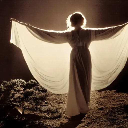 Image similar to photo, a woman wearing a giant wide flowy white sheet with her arms out and a vintage western movie being projected on it, standing inside a dark western rocky scenic landscape, volumetric lighting