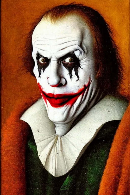 Prompt: portrait of the joker, oil painting by jan van eyck, northern renaissance art, oil on canvas, wet - on - wet technique, realistic, expressive emotions, intricate textures, illusionistic detail