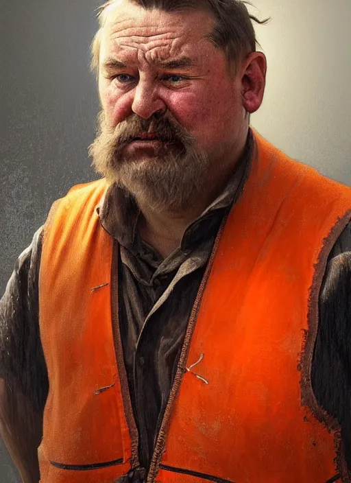 Prompt: a russian railroad electrician!!!, male!!, wearing orange vest!!, siberia!!, portrait, dirty, fat, ugly, intricate, elegant, highly detailed, digital painting, artstation, concept art, wallpaper, smooth, sharp focus, illustration, art by artgerm and greg rutkowski and alphonse mucha