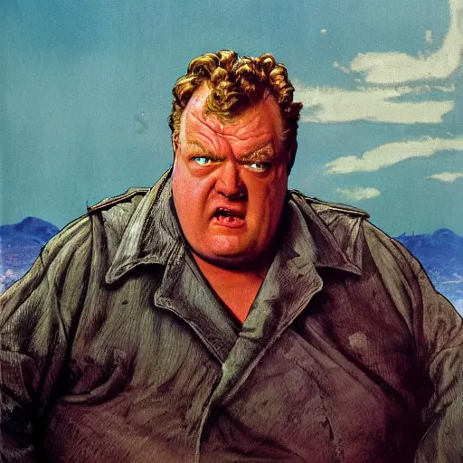 Prompt: head and shoulders portrait of actor Kenneth McMillan as baron harkonnen apoplectic with anger in dune 1982 movie, background dystopian scifi palace, painted by norman rockwell and tom lovell and frank schoonover