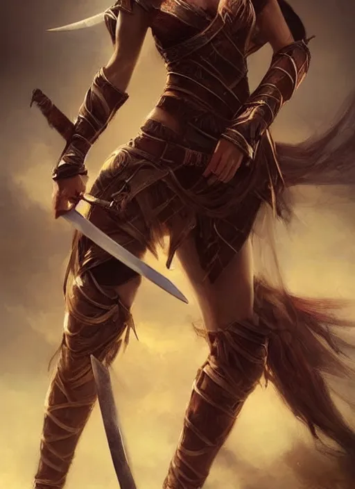 Prompt: hyper realistic photography, warrior girl with sword in her hand, full body, rule of thirds, human proportion, good anatomy, beautiful face, conceptart, saturated colors, cinematic, artstation, pinterest, cgsociety