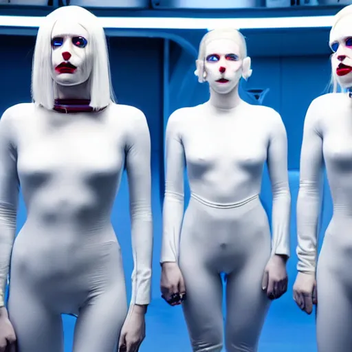 Image similar to troop of freak show women with white bob hairdos, white hair, tight light blue neopren suits, futuristic production facility, sci - fi, highly detailed, cinematic