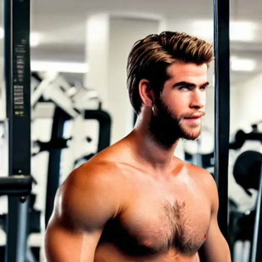 Image similar to a realistic detailed photo of a guy who is an attractive humanoid who is half robot and half humanoid, who is a male android, actor liam hemsworth, shiny skin, posing like a statue, blank stare, at the gym, on display, showing off his muscles