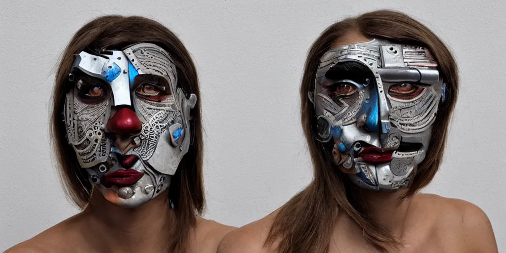 Prompt: a beautiful cyborg made of ceremonial picasso maske