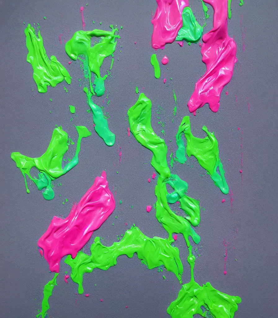 Image similar to driping dry oil paint, molten plastic, lime green, pink gray, gray blue, realistic, 8 k