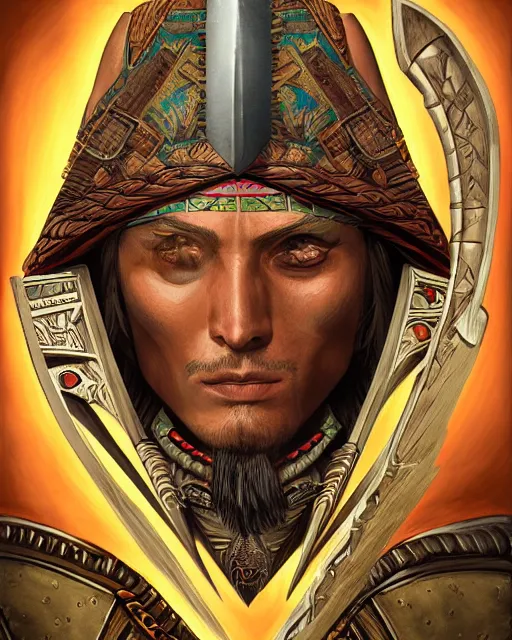 Prompt: digital painting of an aztec archer by filipe pagliuso and justin gerard, symmetric, fantasy, detailed, intricate, portrait, sharp focus, tarot card, handsome, gwent