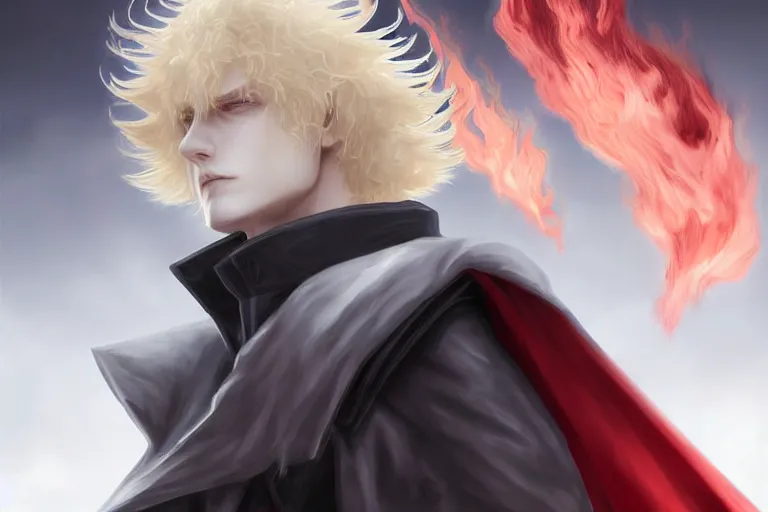 Image similar to digital art of a pale menacing Angel of Battle with fluffy blond curls of hair and piercing red eyes, johan liebert mixed with Dante, gilded black uniform, he commands the fiery power of resonance and wrath, by WLOP, Artstation, CGsociety