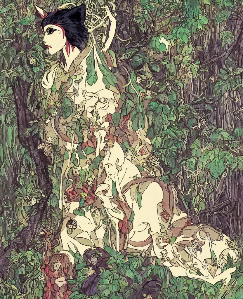 Image similar to portrait of Princess Mononoke wearing her mask, lush forest landscape, style of Art Nouveau, gems and gold, waterfalls, denoised, sharp,