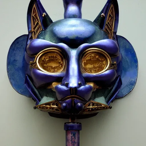 Image similar to beautiful ornate mechanical robot cat head mask, by annie swynnerton and diego rivera and nicholas roerich and jean delville, symbolist, dramatic lighting, god rays, elaborate geometric ornament, art brut, colors are soft greens and blues and purple, smooth, sharp focus, extremely detailed, adolf wolfli and ( donato giancola )