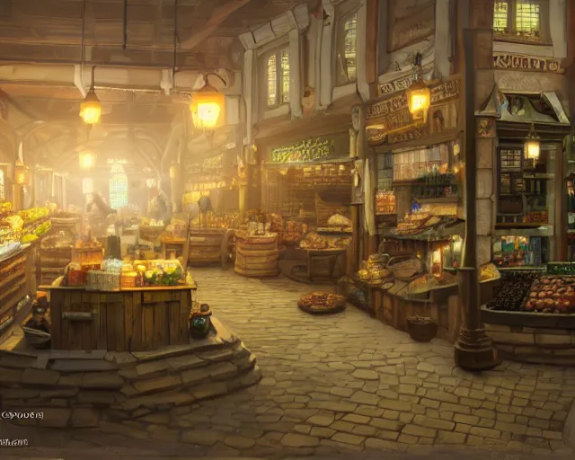 Image similar to fable concept art of bowerstone market, key lighting, soft lights, 8 k render,