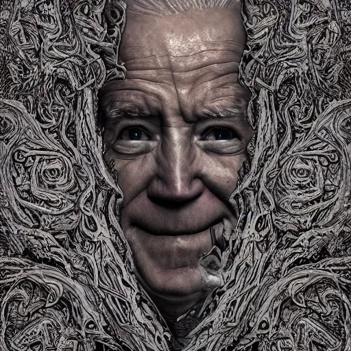 Image similar to biden became bloody ugly lovecraftian degenerate abomination, photo - realistic, color image, 2 k, highly detailed, bodyhorror, occult art, fractal structure