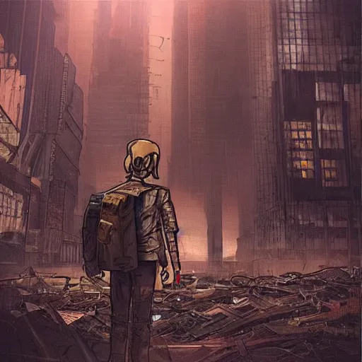 Prompt: “an android boy in a post apocalyptic, over grown super metropolis searching for people.”