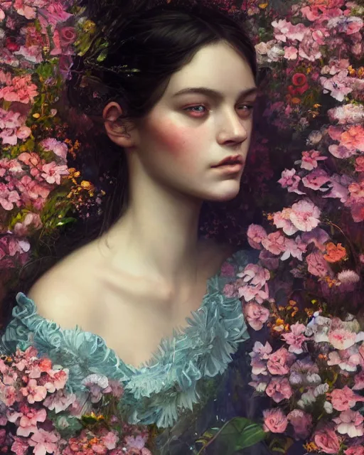 Image similar to portrait of a young swedish girl, 2 0 years old, surrounded by flowers by karol bak, james jean, tom bagshaw, rococo, sharp focus, trending on artstation, cinematic lighting, hyper realism, octane render, 8 k, hyper detailed.