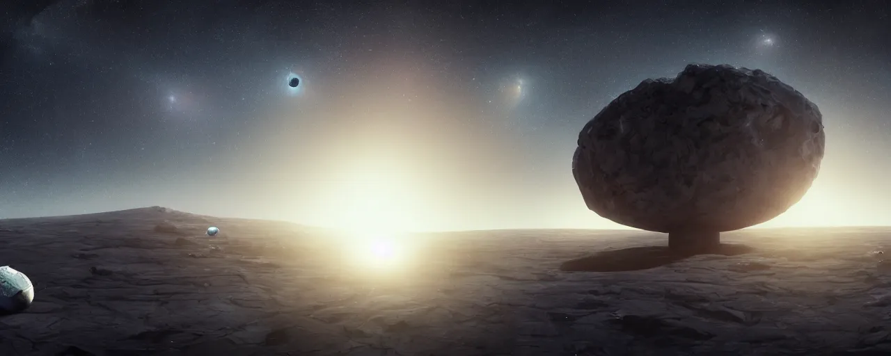 Prompt: movie still, space panorama with angular minimalist obsidian monoliths floating in space, cell automata, unreal engine, octane render, detailed and intricate, cloudy, global illumination, volumetric lighting, hubble telescope images, james webb telescope images, detailed and intricate environment, color graded