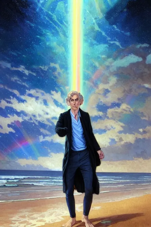 Image similar to doctor who, william hartnel on a beach, wearing a blue shirt with horizontal rainbow stripe, the ocean in the background, swirling colourful stars in the background, art by artgerm and greg rutkowski and alphonse mucha