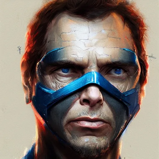 Prompt: portrait of superhero by greg rutkowski, michael biehn wearing a blue, black and red kevlar gear, highly detailed portrait, digital painting, artstation, concept art, smooth, sharp foccus ilustration, artstation hq