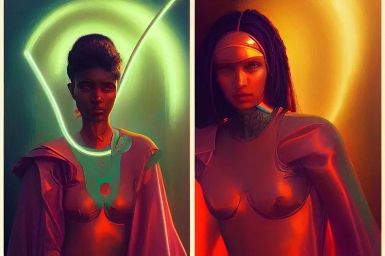 Image similar to patron saint of 🛸🌈👩🏾, futuristic clothing, neon god of city character portrait, in the style of moebius, tom bagshaw, and waterhouse, cinematic lighting, beautiful, elegant, oil painting,