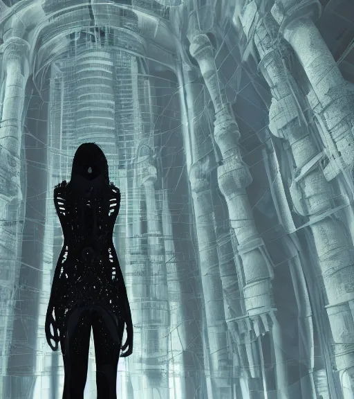 Image similar to ethereal picture of tarkovsky greatest scene, aura of the ancient destroyed majestic tower of babylon, a woman in futuristic cyber clothing, transparent puffer jacket, hyperealistic, blockchain, cyber world, ambient lighting, concept art, intricate, hyper detailed, smooth, dynamic volumetric lighting, ocatane, ray trace, cinematic, high quality, cgsociety