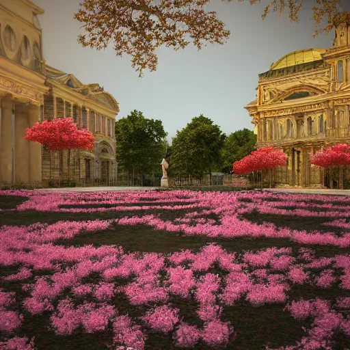 Prompt: 8k, octane render, realism, tonalism, renaissance, rococo, baroque, empty renaissance park, pink flowers, chaotic gold leaf flowers