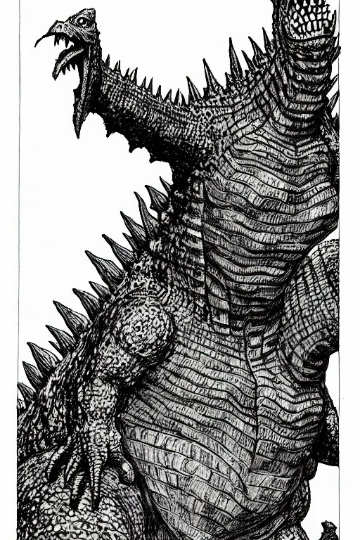 Image similar to godzilla as a d & d monster, full body, pen - and - ink illustration, etching, by russ nicholson, david a trampier, larry elmore, 1 9 8 1, hq scan, intricate details, inside stylized border