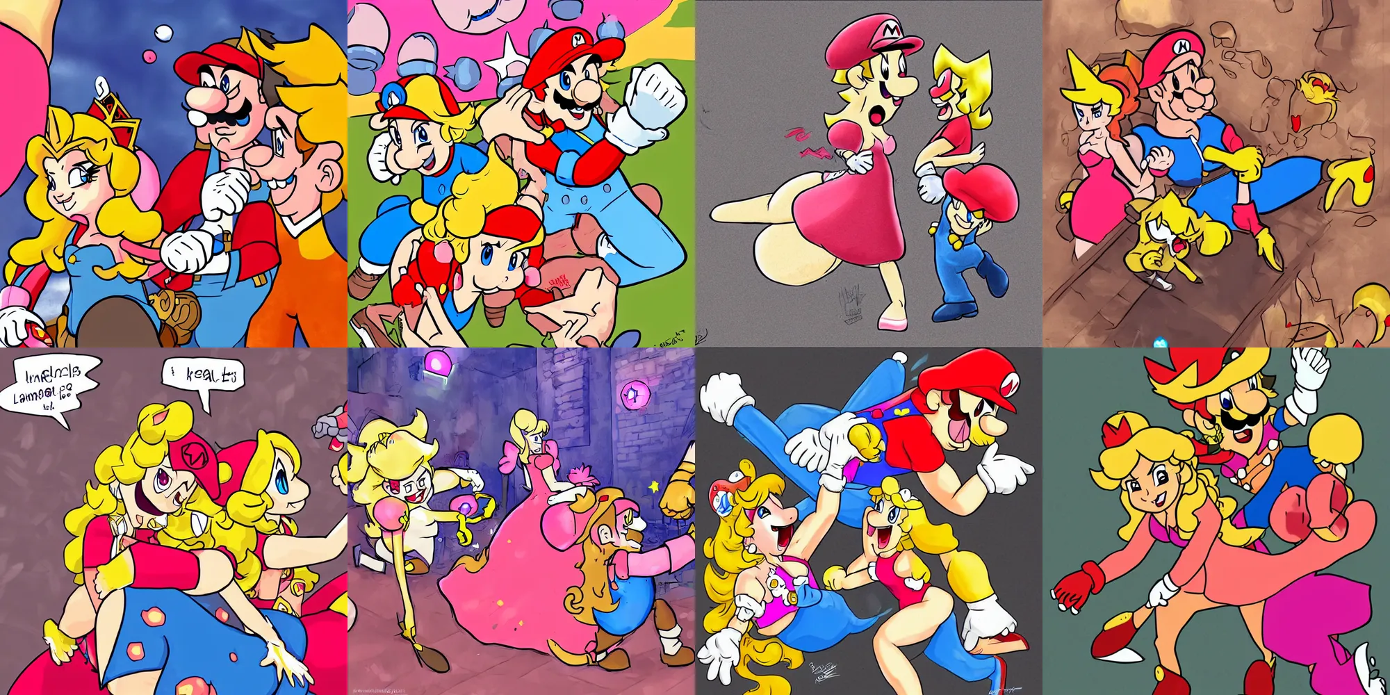 Prompt: princess peach breaking up with mario while bowser laughs, digital fan art, cheeky and playful