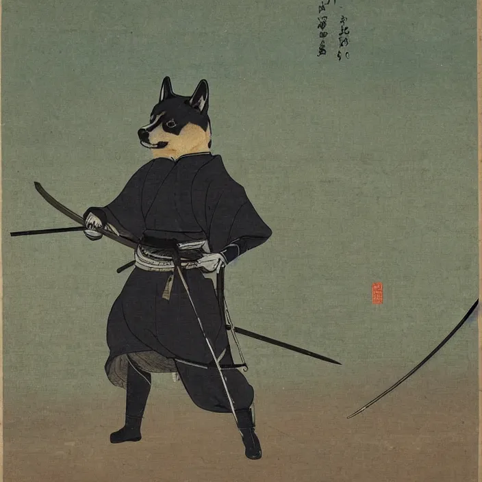 Image similar to a shiba-inu-samurai general waking up from a nap on the battlefield, his trusty katana at his side, artwork on loan from the historical dog society of japan