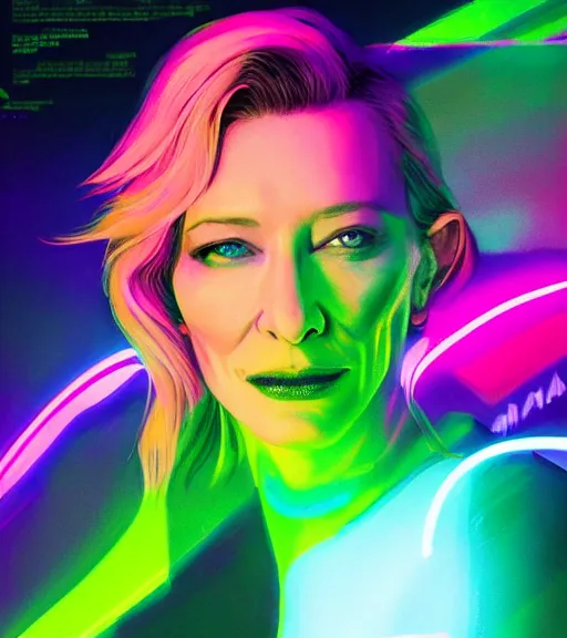 Image similar to cate blanchett ,neon colors, strong lighting, by Josan Gonzalez, HD, 4K