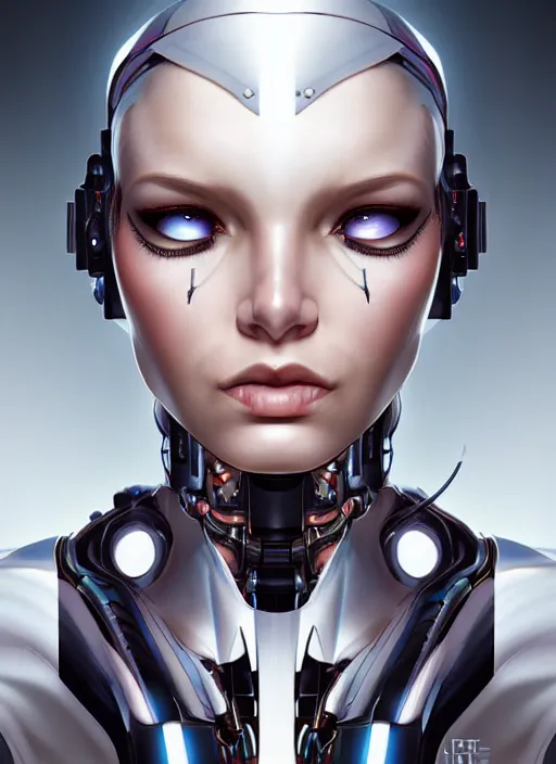Image similar to portrait of a cyborg woman who turns her head to the (((((right))))) (((((left))))) by Artgerm,eyes closed , biomechanical, hyper detailled, trending on artstation