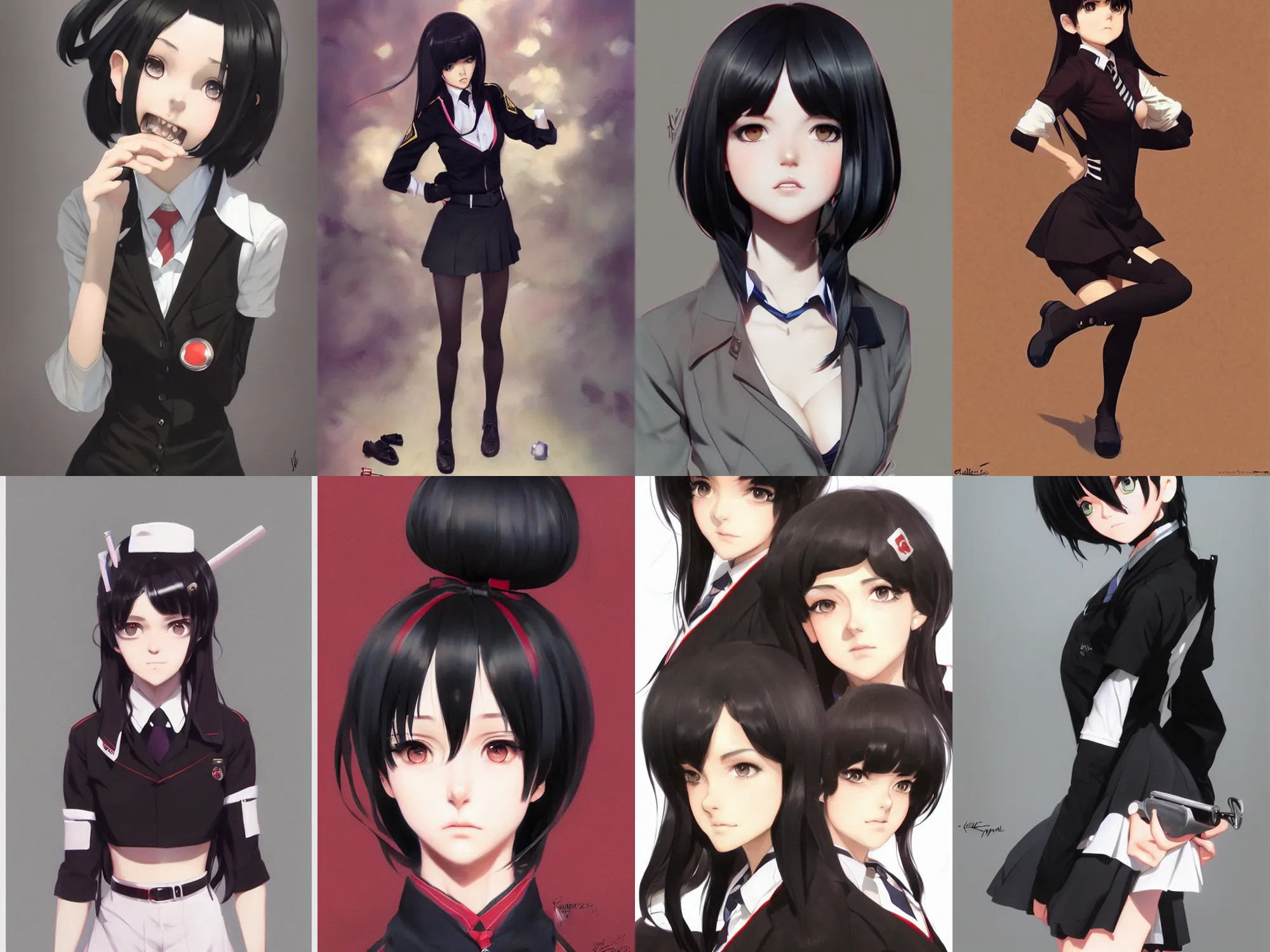 Prompt: Gorgeous schoolgirl with black hair, in black uniform, very detailed eyes. By (ilya kuvshinov), krenz cushart, Greg Rutkowski, trending on artstation