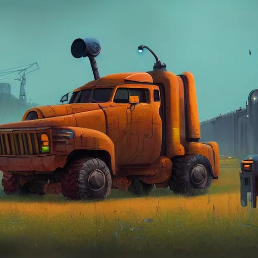 Image similar to concept art of a rusty sci - fi truck, by simon stalenhag