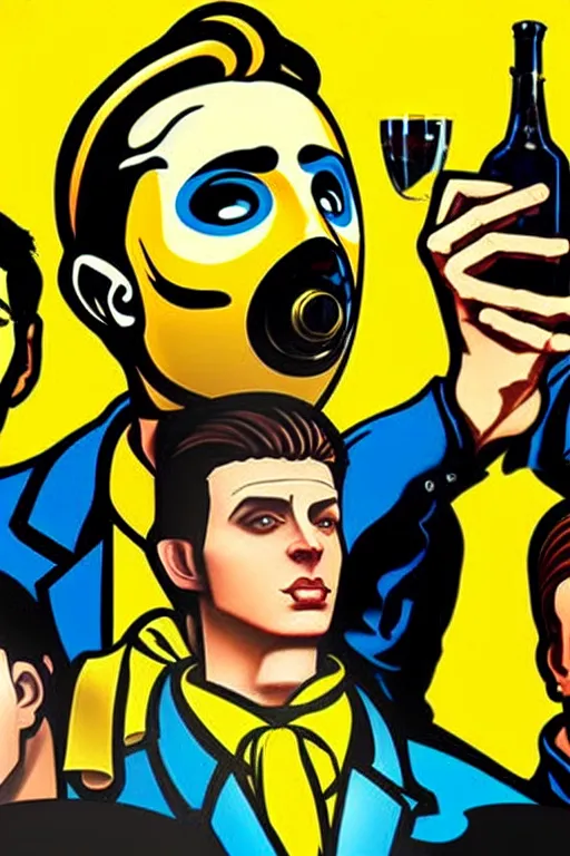 Prompt: 6 member from saints gangs wear yellow bandana, some of member have mustard. pop art, bioshock infinite art style, arstation trending, accurate, detailed, unembellished depiction of nature or of contemporary life, gta chinatown wars art style, art by richard hamilton and mimmo rottela