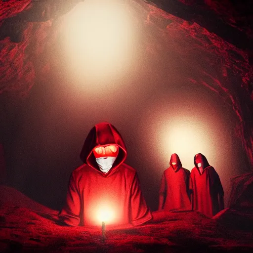 Prompt: A group of red hooded cultist in a cave, being back lit by a lantern. Dark, ambient, eldritch, 8k, hyper realistic.