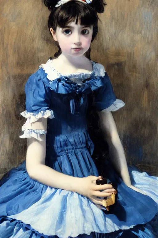 Prompt: a realistic portrait of black - haired little girl in a blue lolita dress with stars and petticoat sitting on the subway by eugene delacroix, detailed eyes, 4 k resolution