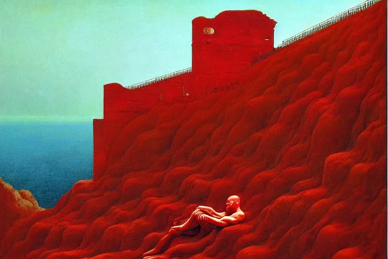 Image similar to only with red, a red melted emperor, taormina amphitheatre, crowd hails him happy, in the style of beksinski, parts by edward hopper, parts by rodcenko, parts by yue minjun, intricate and epic composition, red by caravaggio, insanely quality, highly detailed, masterpiece, red light, artstation, 4 k