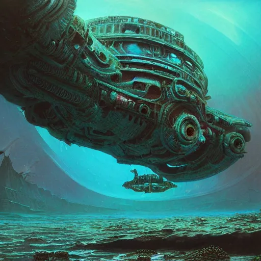 Image similar to a stunning painting of alien underwater landscape of lush flora, remnants of old spaceship, sea creatures emerging, morning, by Giger and Ralph McQuarrie and Bruce Pennington, cinematic lighting, hyper realism, high detail, octane render, 8k, iridescent accents