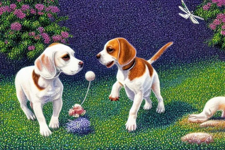 Image similar to pointillism painting of a white and caramel beagle dog playing with dragonfly in a backyard, dull pastel colors, bright, god rays, dreamy, trending on artstation