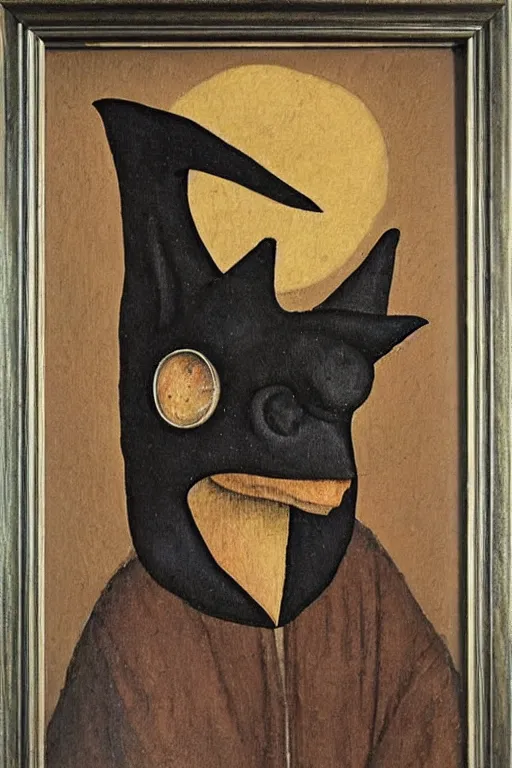 Prompt: silly hieronymus bosch framed oil painting of a bat in fancy felt robes. muted colour palette