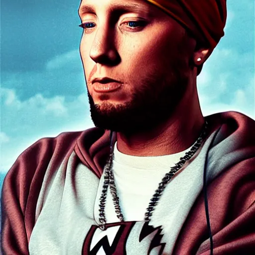 Image similar to eminem as a middle eastern man wearing a turban, yoji shinkawa