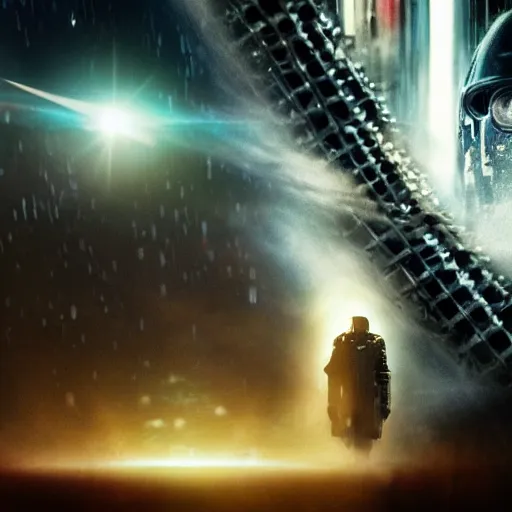 Image similar to promotional high quality movie frame. a tear in the fabric of time and space. imax, 7 0 mm. dramatic lighting, hyper details. neo - noir science fiction, dystopian, dark, moody, dramatic, advanced technology, space exploration.