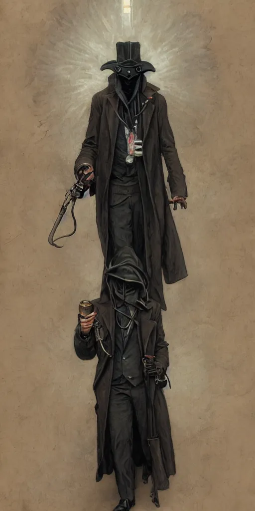 Image similar to portrait from the waist up of man in black trench coat, a steam punk plague doctor mask and a black top hat, highly detailed, artstation, concept art, by krenz cushart and donato giancola and william adolph bouguereau and alphonse mucha,