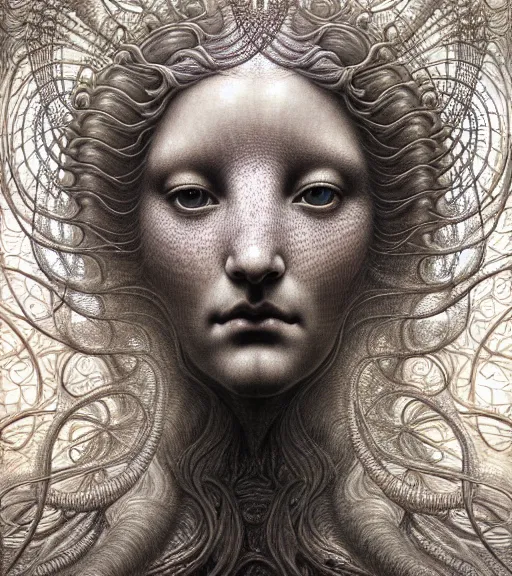 Prompt: detailed realistic beautiful cloud goddess face portrait by jean delville, gustave dore, iris van herpen and marco mazzoni, art forms of nature by ernst haeckel, art nouveau, symbolist, visionary, gothic, neo - gothic, pre - raphaelite, fractal lace, intricate alien botanicals, ai biodiversity, surreality, hyperdetailed ultrasharp octane render