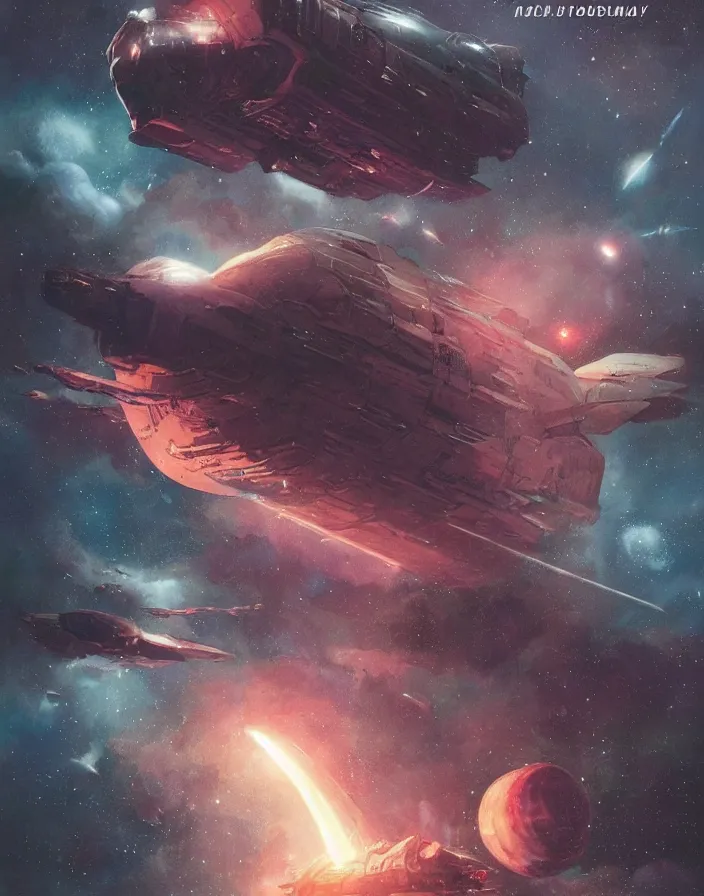 Image similar to illustrated by moebius and greg rutkowski, giant spaceship, nebulae, starry sky, vintage sci - fi cover magazine