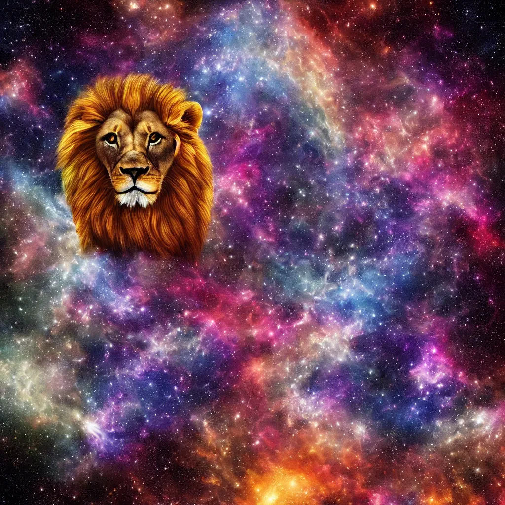 Image similar to lion in a galaxy made of stars, space, nebulas stars,