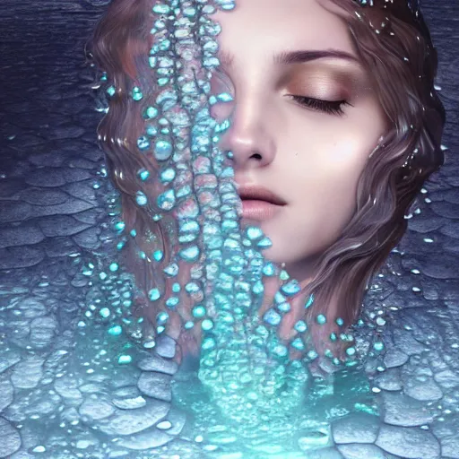 Image similar to ultra realistic 3 d render of a gorgeous goddess made of water and blooming flowers rising out of the water dripping by charlie bowater and farid ghanbari, beautiful, bioluminescent, ethereal, waterfall, intricate, elegant