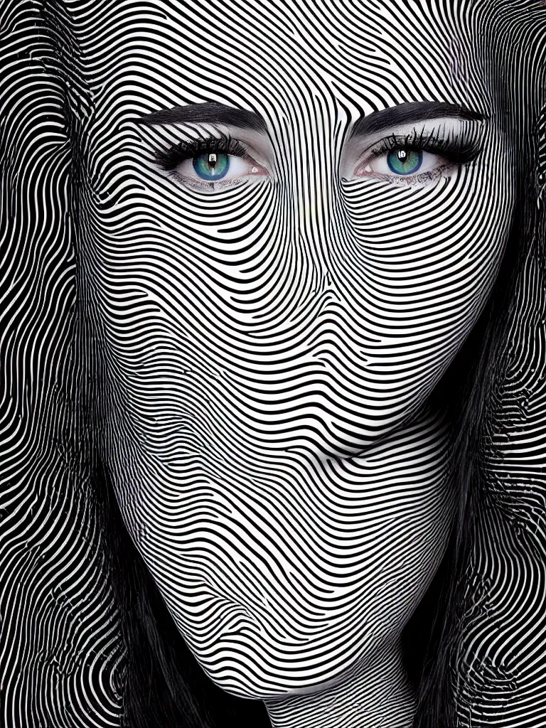 Image similar to a beautiful female face made of illusory motion dazzle camouflage perlin noise optical illusion