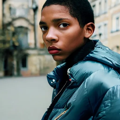 Image similar to realistic photoshooting for a new balenciaga lookbook, color film photography, portrait of a beautiful woman, woman is wearing a puffer jacket, in style of Tyler Mitchell, 35mm,