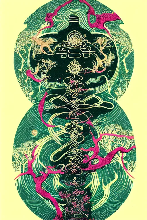 Image similar to tattoo design for the forest of awareness, strange creatures and ancient runes, tibetan calligraphy, by kilian eng and victo ngai and james jean