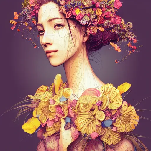 Image similar to the portrait of an absurdly beautiful, graceful, elegant, and wise young woman made of bananas and petals, an ultrafine detailed illustration by kim jung gi, irakli nadar, intricate linework, bright colors, octopath traveler, final fantasy, angular, unreal engine 5 highly rendered, global illumination, radiant light, detailed and intricate environment